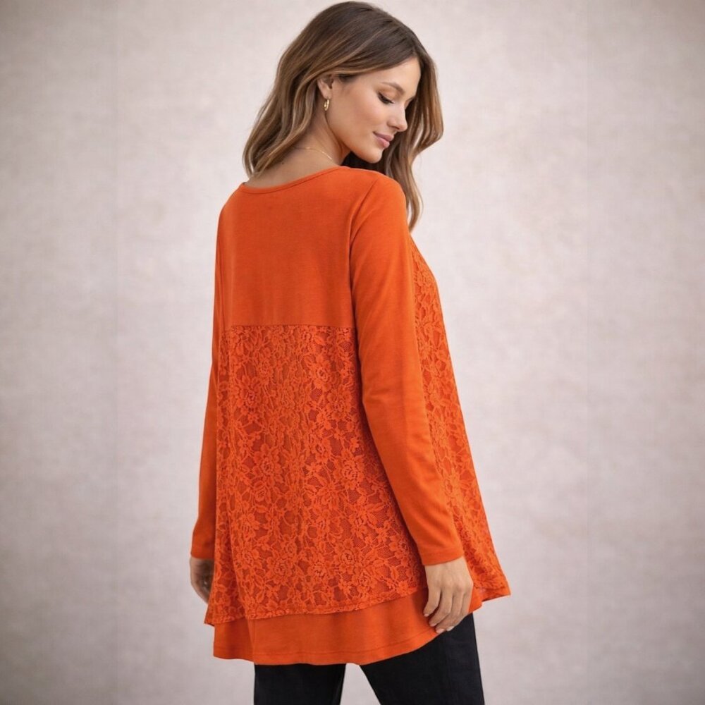 Women's Orange Lace Boutique Style Tunic Top Flowy Long Sleeve Blouse - XL - Picture 3 of 4